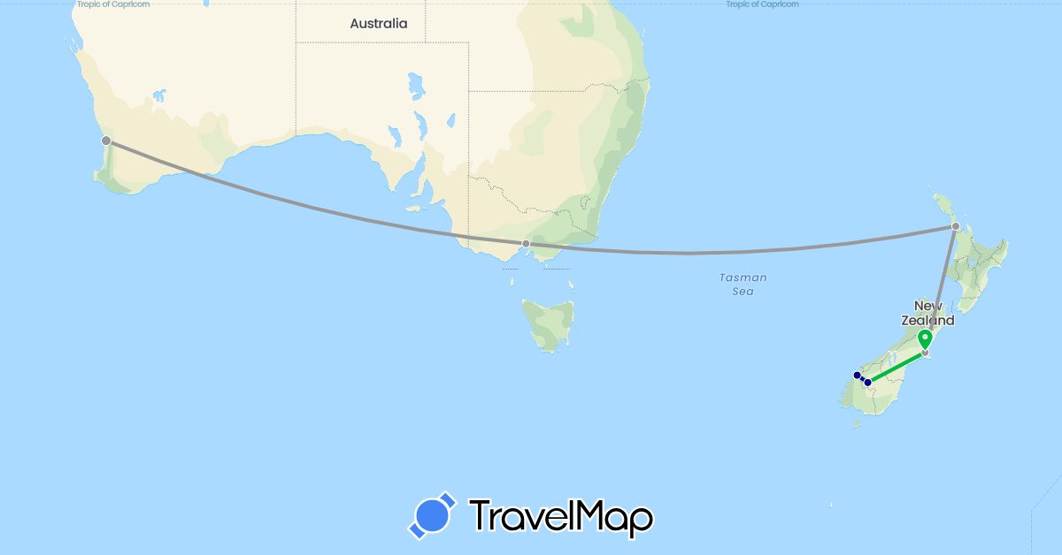 TravelMap itinerary: driving, bus, plane in Australia, New Zealand (Oceania)